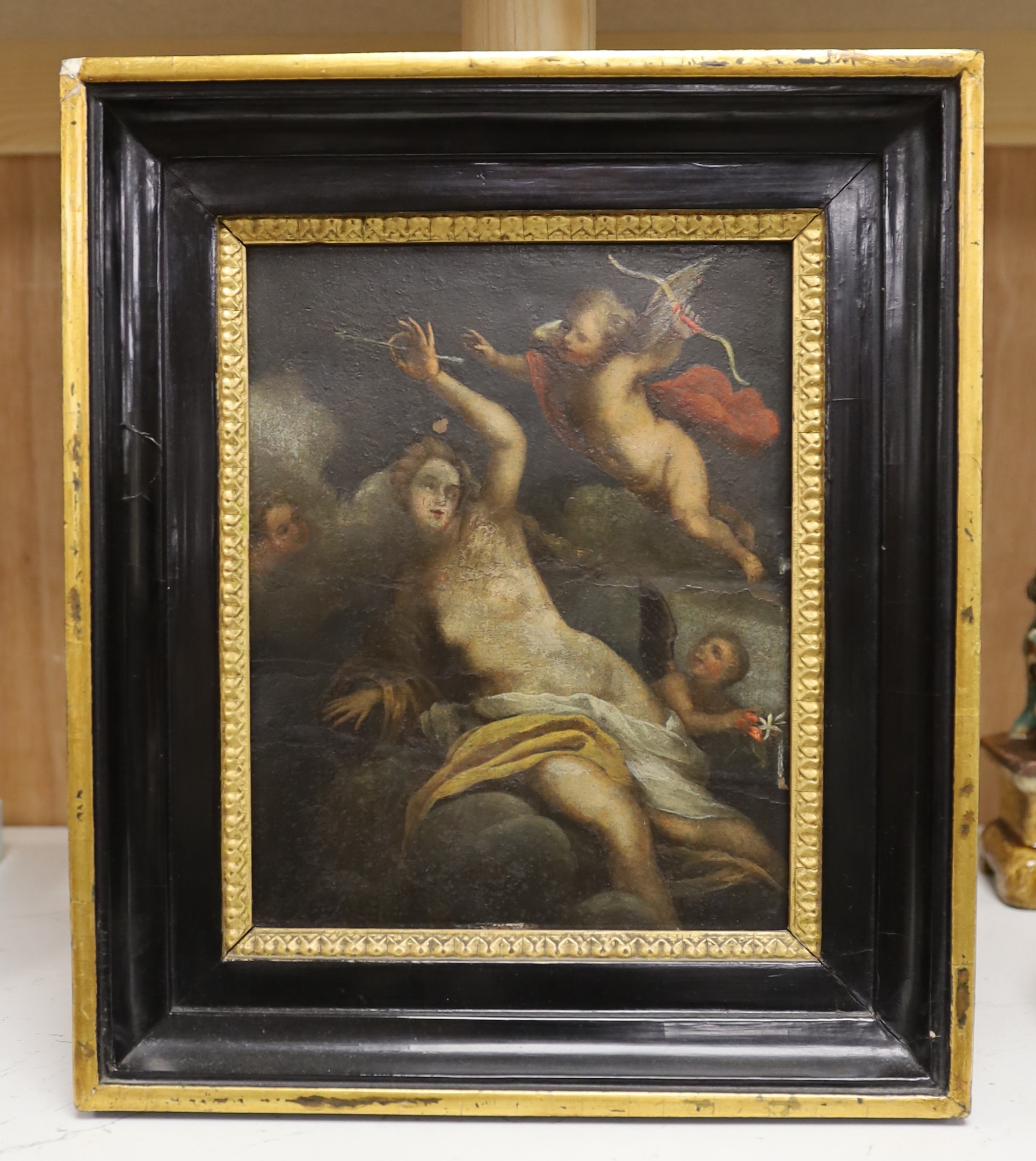 18th/19th century Continental School, oil on tin panel, Cupid and Psyche, 20 x 16cm